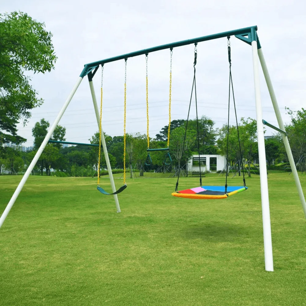 9.5′ Heavy Duty Metal Swing Set with Belt Swing, Trapeze Bar thumbnail 5
