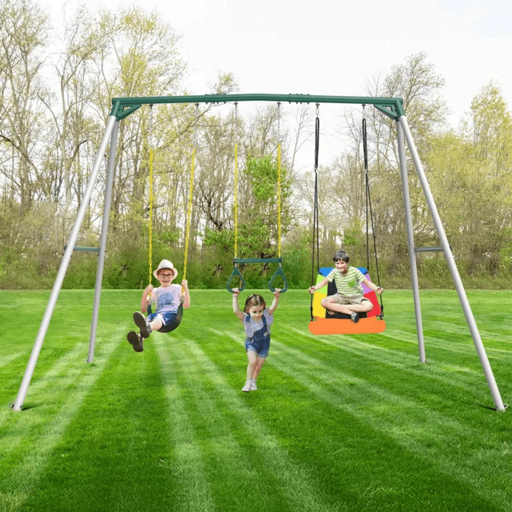 9.5′ Heavy Duty Metal Swing Set with Belt Swing, Trapeze Bar thumbnail 6