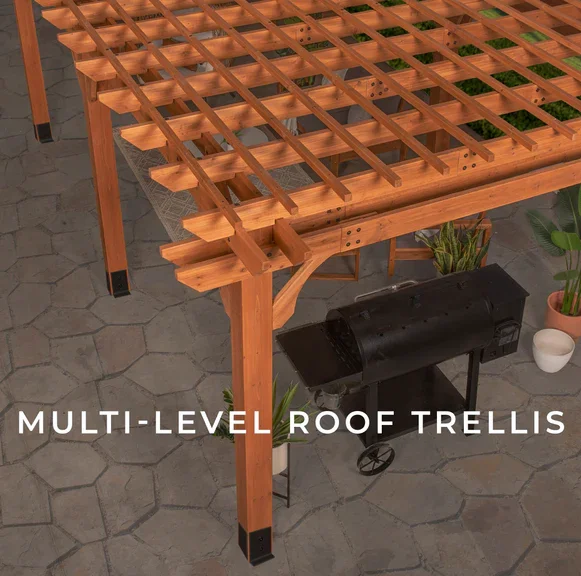 Beaumont 20 ft. x 12 ft. Light Brown Traditional Outdoor All Cedar Wood Patio Pergola Shade Structure with Electric thumbnail 4