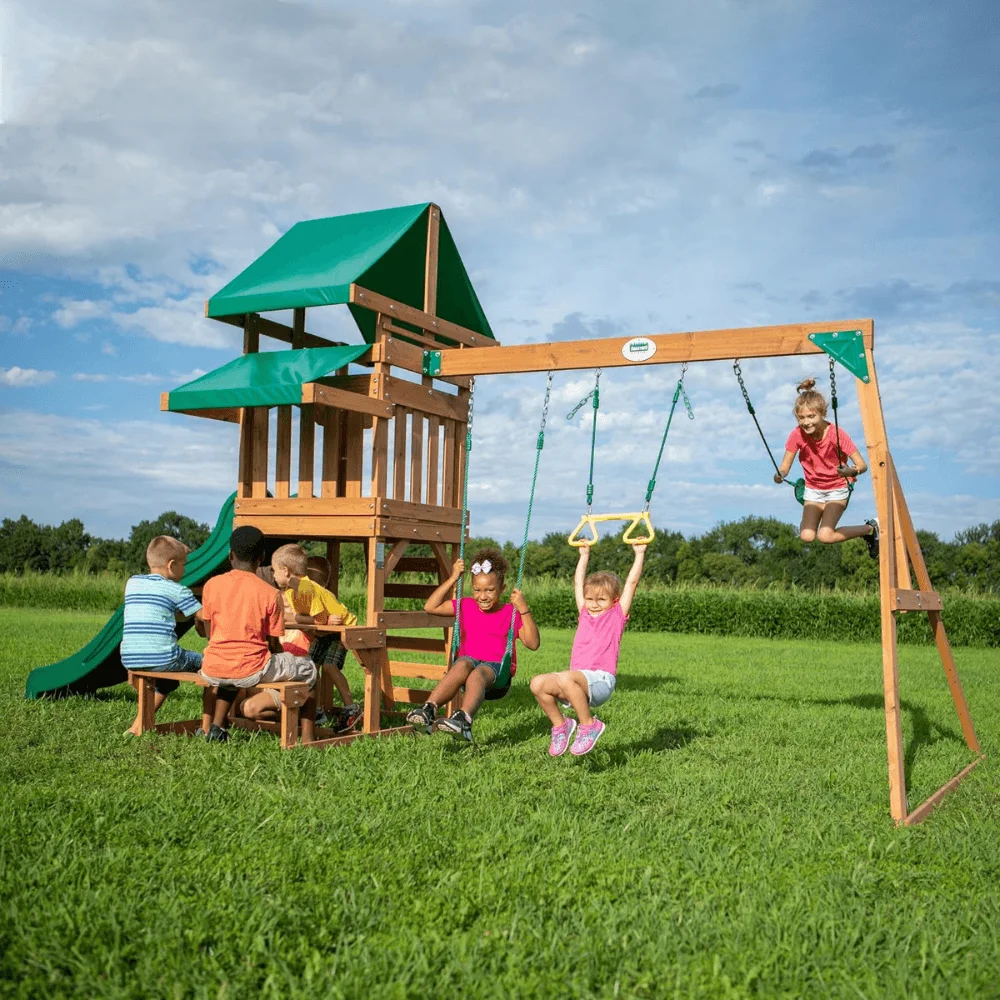 Canyon Creek All Cedar Swing Set Playset w/ Rockwall Upper Fort Belt Swings Web Swing Gray Wave Slide, and Play Kitchen thumbnail 4