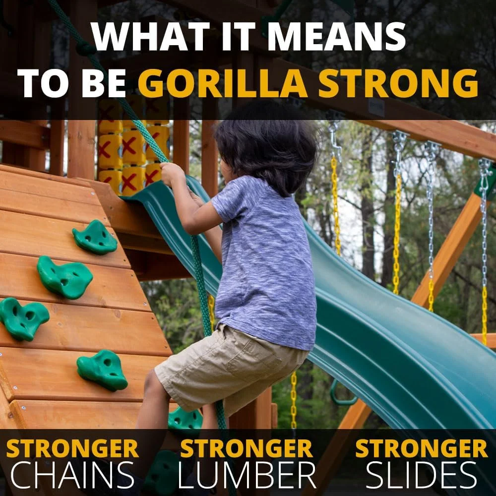 Gorilla Playsets Mountaineer Treehouse Wooden Swing Set with Tube Slide, Rope Ladder, and Sandbox thumbnail 3