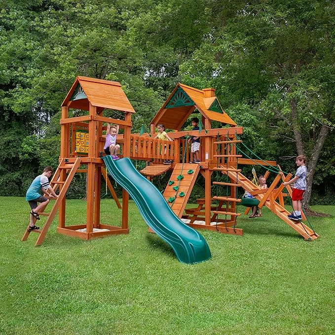 Gorilla Playsets Pioneer Peak Treehouse Wooden Swing Set with Tire Swing, and Clatter Bridge and Tower thumbnail 2