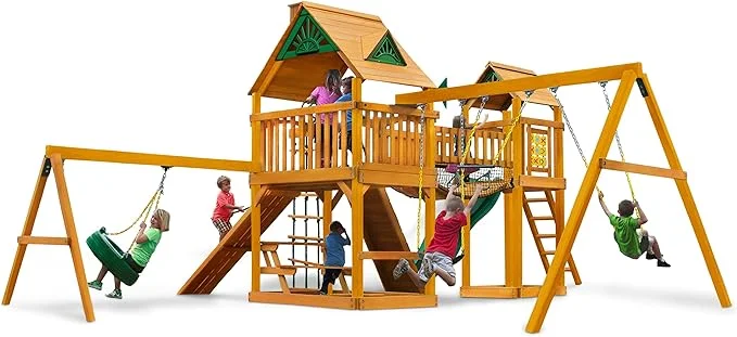 Gorilla Playsets Pioneer Peak Treehouse Wooden Swing Set with Tire Swing, and Clatter Bridge and Tower thumbnail 3