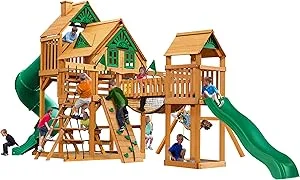 Gorilla Playsets Pioneer Peak Treehouse Wooden Swing Set with Tire Swing, and Clatter Bridge and Tower thumbnail 4