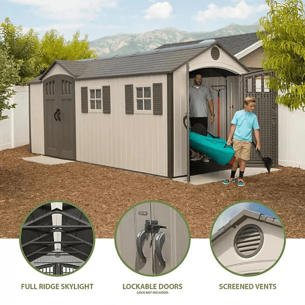Lifetime 8′ x 17.5′ Outdoor Storage Shed Dual Entry, Tan thumbnail 2