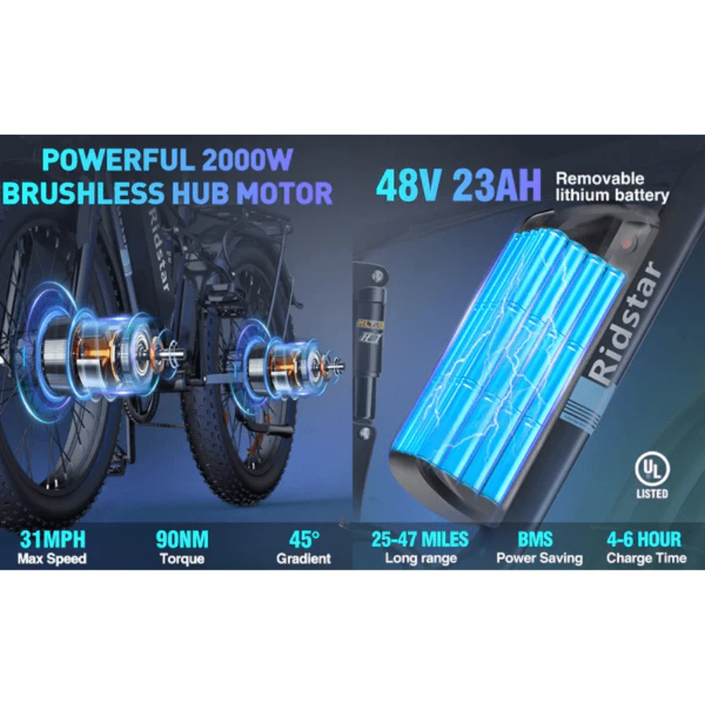 Ridstar E26 PRO Electric Bike 48V 23Ah Battery 1000W*2 Dual Motors 26*4.0inches Tires 50-75KM Max Mileage 15 thumbnail 2