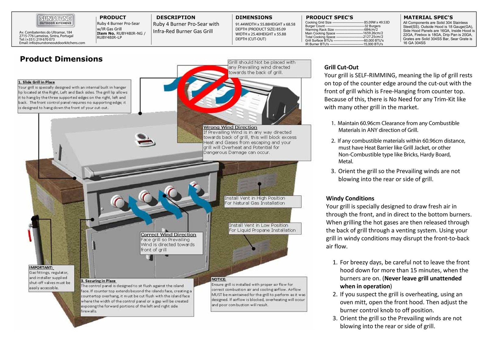 Sunstone Ruby 4 Burner Gas Grill With Infrared
