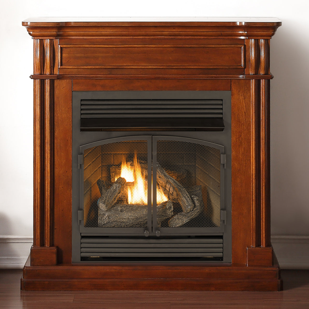 Duluth Forge Dual Fuel Ventless Gas Fireplace With Mantel – 32,000 BTU, T-Stat. Control, Auburn Cherry Finish – Model# DFS-400T-2AC