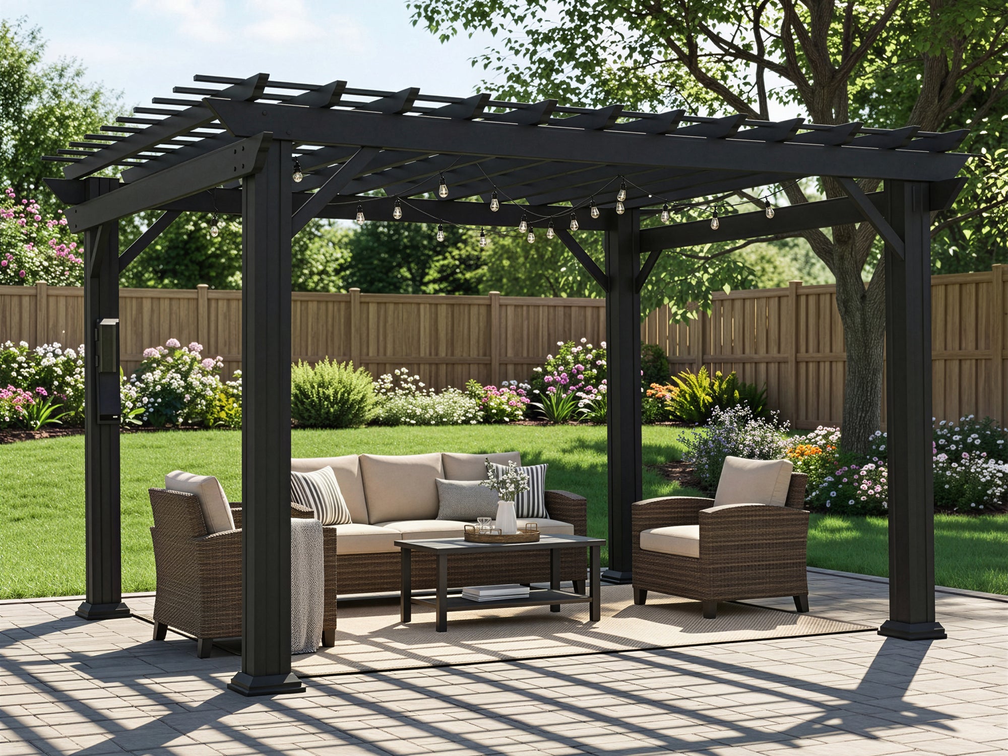 Stratford 12 Ft. X 10 Ft. Black Steel Traditional Pergola with Sail Shade Soft Canopy