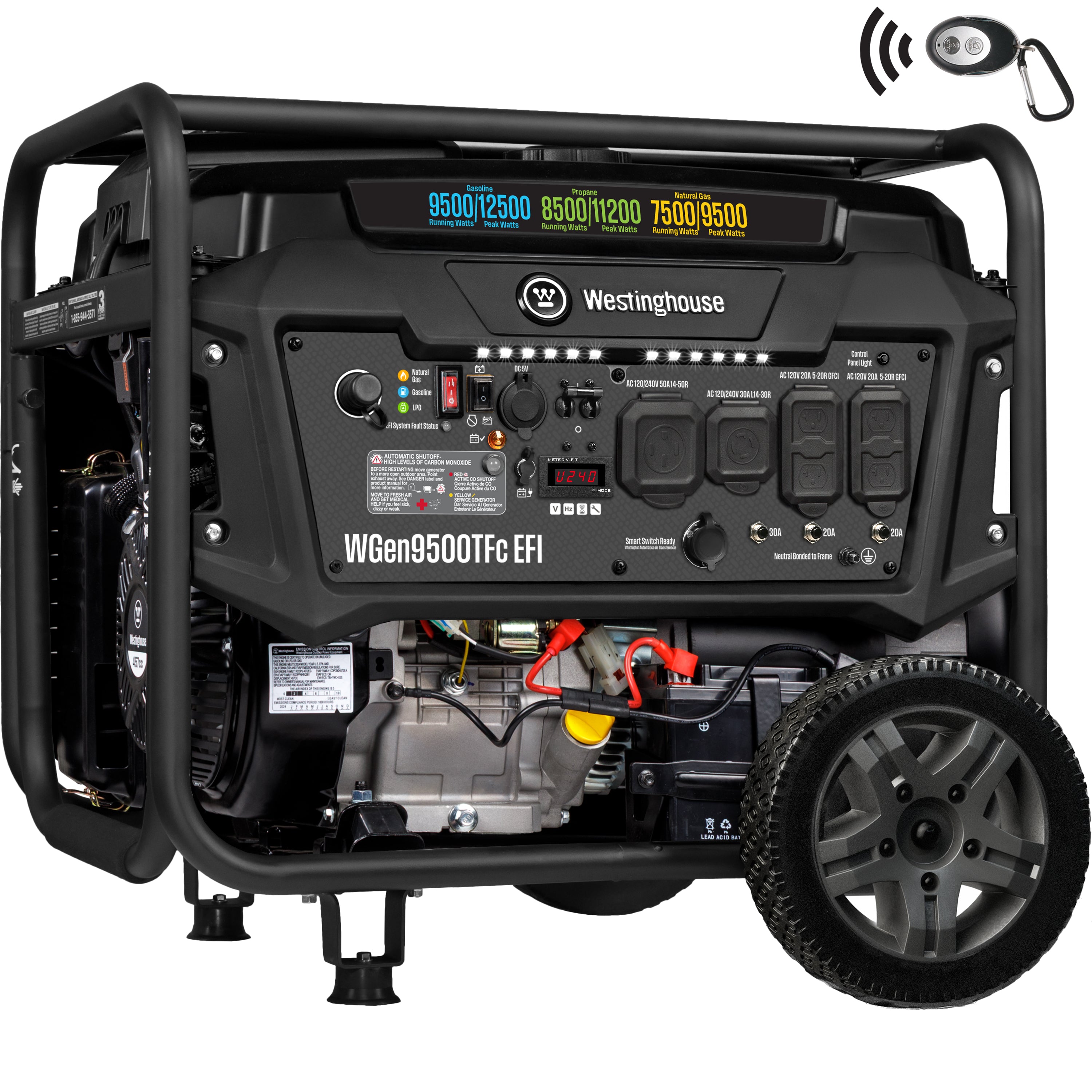 Westinghouse WGen9500TFc Tri-Fuel Portable Generator with Electric Start and CO Sensor